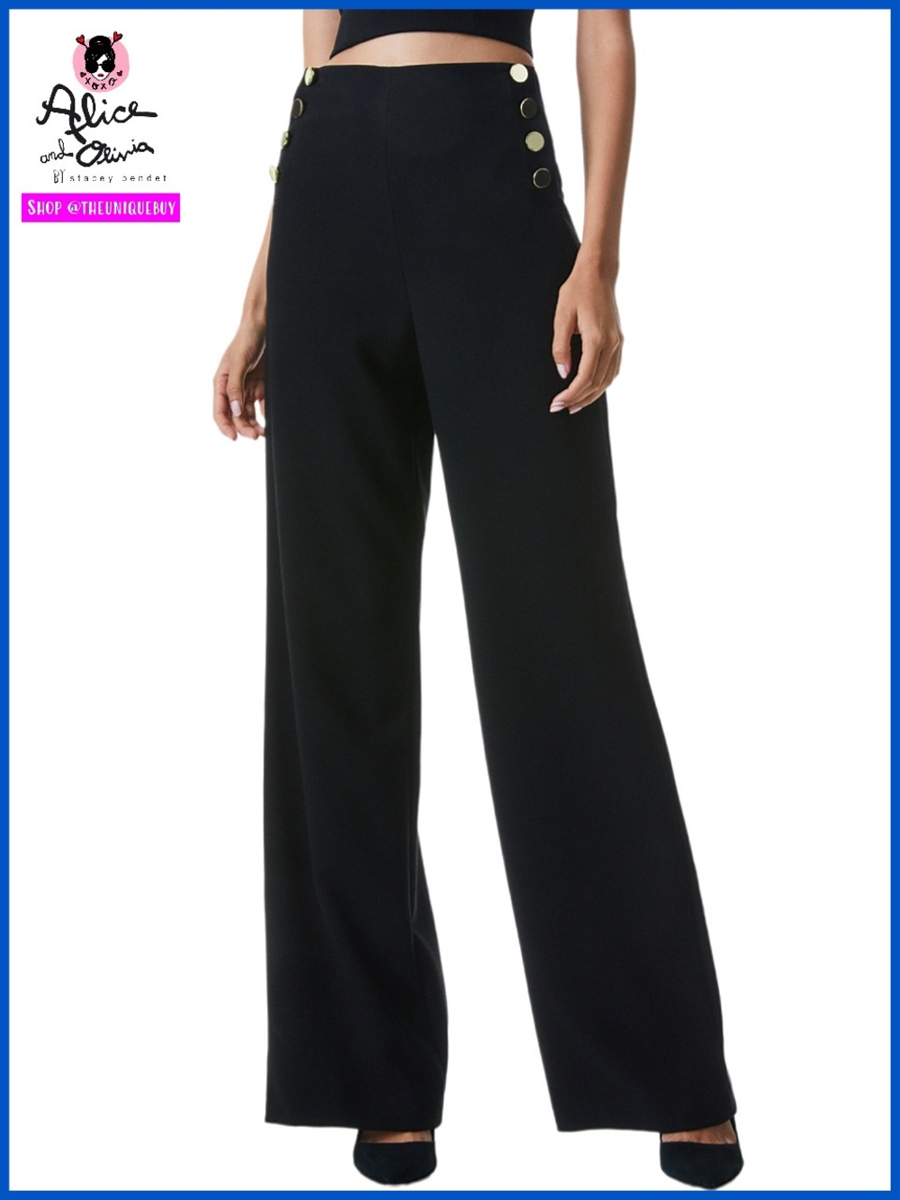 Alice + Olivia Ray High Rise Button Front Black Sailor Long Pant